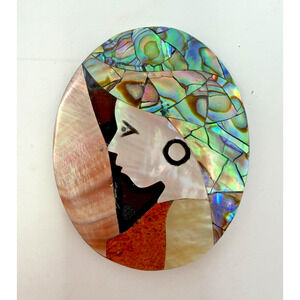 Abalone Shell Mosaic Pendant Inlay Oval Woman Face Art Cabochon 2"